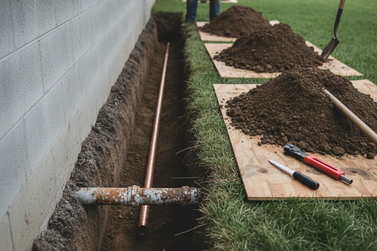 Excavated water line trench during Water Heater Repair in Westport Point